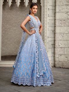 Blue Ombrey Organza Lehenga Set Traditional Lehenga Designs For Wedding, Lengha Ideas, Pretty Lehengas, Blue Organza Lehenga, Gown Photoshoot, Weddings 2024, Orang India, Saffron Spice, Designing Clothes