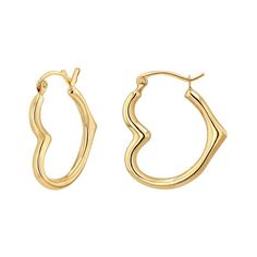 Add a little dose of love to your jewelry box with these beautifully crafted heart shaped hoop earrings. Available in 2 sizes, these heart hoops sit sideways on the ear with a snap closure. Fun and flirty and always representing love, these hoops will surely make a positive statement wherever you wear them. Size: 15mm (0.60") - 1.5mm thickness Size: 20mm (0.80") - 2mm thickness Size: 30mm (0.80") - 2.3mm thickness SOLD AS A PAIR 14K Solid Gold Ear Hook Snap Closure Lifetime Guarantee