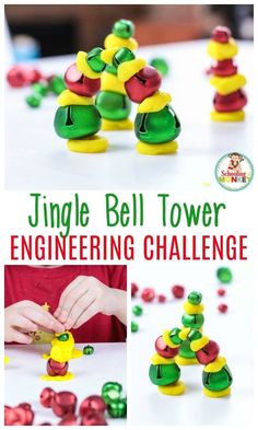 a collage of images showing how to make a toy bell tower for engineering challenge