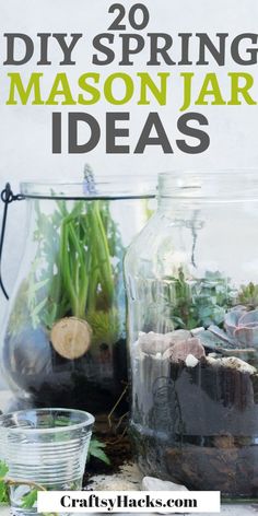 mason jar filled with plants and moss sitting on top of a table next to a glass vase