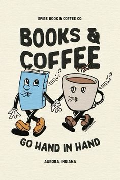 an advertisement for books and coffee, with two cartoon characters holding hands in front of a mug