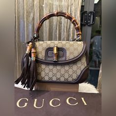 Great Conditions Like New. 9/10 Brown Gucci Bag With Bamboo Handle, Luxury Brown Bags With Bamboo Handle, Luxury Brown Bag With Bamboo Handle, Bamboo Top, Bags Gucci, Leather Tassel, Gucci Bags, Beige Brown, Handle Bag