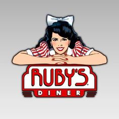 the logo for ruby's diner with a woman leaning on her arm and smiling