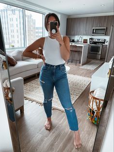 Simple Everyday Outfits Summer, Brewery Outfits, Jeans And Tank Top Outfit, Simple Everyday Outfits, Summer White Shirt, Jeans And Tank Top, Neutral Basics, Mom Jeans Outfit Summer, Everyday Outfits Summer