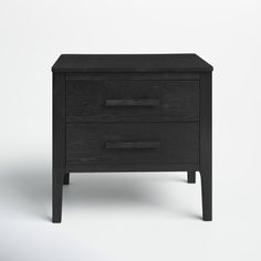 a black night stand with two drawers on one side and an open drawer on the other