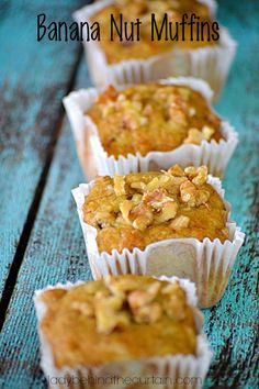 banana nut muffins are lined up on a wooden table with text overlay