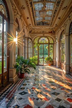 the sun shines brightly through an ornately decorated entryway to a large garden