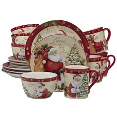 a christmas themed dinner set with santa clause on the front and side dishes in red