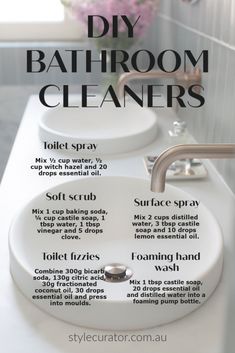 two white sinks sitting next to each other on top of a bathroom counter with the words diy bathroom cleaners above them