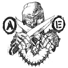 a black and white drawing of a zombie holding a knife