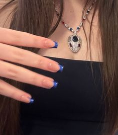 Bulgari snake necklace with navy ClubLLondon dress and blue chrome glittery nails Hoco Nails Acrylic Navy Blue, Nails With Dark Blue Dress, Nail Inspo For Navy Blue Dress, Indigo Prom Nails, Navy Blue Nail Inspo Prom, Acrylic Nails For Navy Blue Prom Dress, Prom Nails Acrylic Dark Blue, Dark Blue Nails Aesthetic, Navy Blue Quinceanera Nails