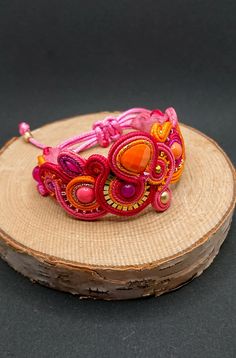 Orange Pink Gold Soutache Bracelet Embroidered Jewelry With - Etsy Poland Pink And Orange Jewelry, Pink Gold Bracelet, Soutache Bracelet, Orange Jewelry, Embroidered Jewelry, Soutache Jewelry, Beaded Bracelets Diy, Lovely Earrings, Pink Bracelet