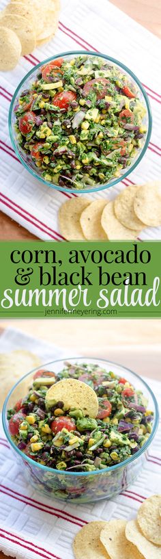 two bowls filled with guacamole and black bean summer salad next to tortilla chips