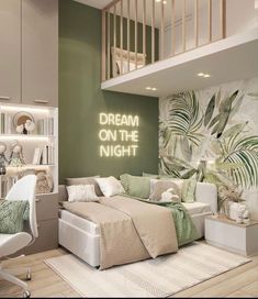 a bedroom with green walls, white furniture and a large painting on the wall that says dream on the night