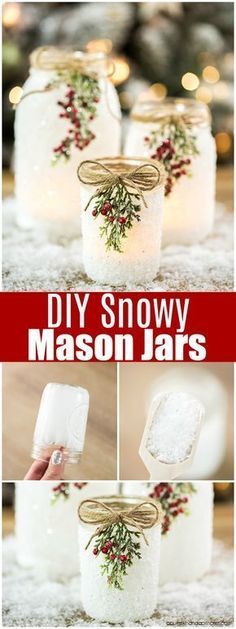 mason jars decorated with christmas decorations and lights are shown in different ways to make them look like