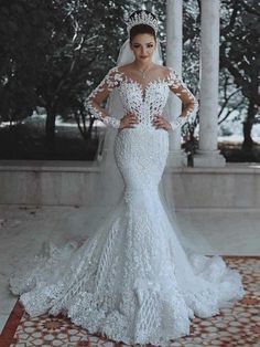 Modest Long Sleeves Lace Appliques Mermaid Wedding Dresses - Beige / Floor Length - wedding dresses Lace Wedding Dress Mermaid, Long Sleeve Mermaid Wedding Dress, Wedding Dress Mermaid, Gaun Fashion, Dress Luxury, Long Sleeve Wedding Dress Lace, Dress Mermaid, Applique Wedding, Wedding Dress Fabrics