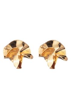 These handcrafted earrings featuring an artfully folded design are the perfect way to elevate your look. 1" drop; 1 1/2" width 14k-gold plate Made in the USA Elegant Gold Clip-on Wrap Earrings, Elegant Gold Hammered Wrap Earrings, Gold Drop Wrap Earrings For Formal Occasions, Suede Jewelry, Chunky Sweaters, Gold Vermeil Jewelry, Mini Studs, Gold Pearl Earrings, Vermeil Jewelry