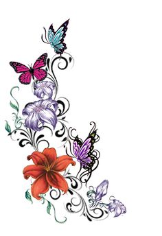 butterflies and flowers with swirls on the bottom, one is purple and one is red