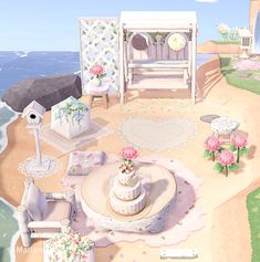 an animated image of a beach with flowers on the ground and furniture in the background