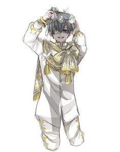 an anime character wearing white and gold clothing