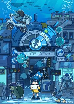 cartoon character standing in front of a building with many items on the ground and under water