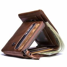 Wallet With Money, Leather Trifold Wallet, Coin Bag, Genuine Leather Wallets, Money Bag, Leather Wallet Mens, Crazy Horse, Trifold Wallet