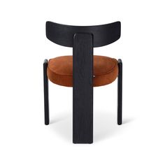 an orange and black chair with wooden legs