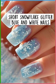 Blue Nails Baby Shower Ideas, Nail Designs Winter Short, Snowflakes Nail Art, Winter Nails Blue Snowflakes, Christmas Nails Design Ideas, Mom Nail Ideas, Blue Snow Nails, Snow Nails Winter Blue, Blue Winter Nails Snowflakes