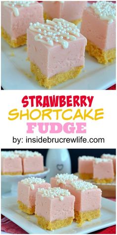 strawberry shortcake fudge on a white plate with the title in red and yellow