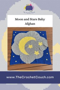 the crochet baby afghan is shown in blue and yellow with stars on it