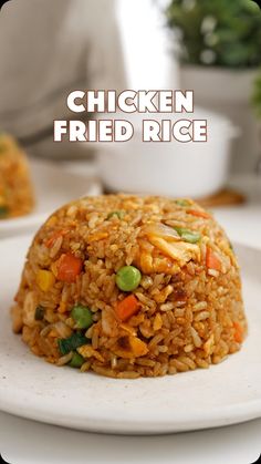 chicken fried rice on a white plate with the words chicken fried rice overlayed