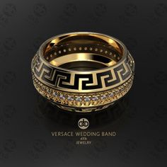 Wedding Band, Greek Key Ring, Fashion Rings, Gold Wedding Rings, Mens Ring, Unique Wedding Bands, Diamond Band Ring, Custom Rings The Greek Key Ring is one of the all time classic women and mens rings. This fashion ring features an inlaid black Greek Key motif that earned it a permanent place in Versace Wedding, Mens Rings Silver, Unique Gold Wedding Rings, Versace Ring, Claddagh Ring Wedding, Mens Wedding Ring, Versace Jewelry, Costume Rings, Mens Rings