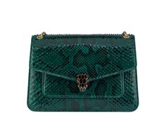 Serpenti Forever Medium Shoulder Bag In Forest Emerald Green Shiny Python Skin With Black Nappa Leather Lining. Captivating Snakehead Press Button Closure In Gold-plated Brass Embellished With Black Enamel Scales, And Black Onyx Eyes. Bvlgari Serpenti, Snake Head, Python Skin, Greek And Roman Mythology, Brand Icon, Roman Mythology, The Snake, Leather Bags Handmade, Metallic Logo