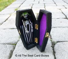 a skeleton in a black and white striped suit inside a purple box on the ground