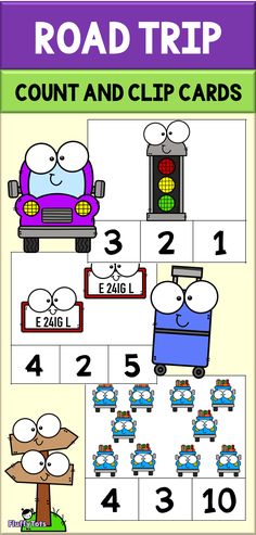 the road trip counting and clip cards for children to learn how to count numbers on cars