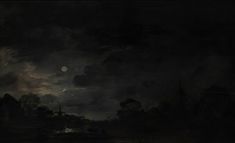 a painting of a dark night with the moon in the sky and clouds above it