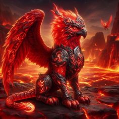 a red and black dragon sitting on top of a rock next to a fire filled mountain