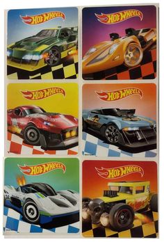 four hot wheels stickers with different designs on them