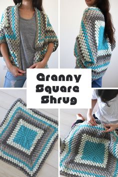 the crocheted granny square shawl is shown in three different pictures, including one with