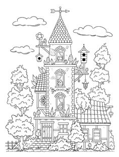 a coloring page with a house and trees