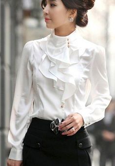 Feminine Victorian Inspired Ivory Ruffles Long Sleeve Blouse Ruffle Long Sleeve Blouse, Stand Collar Shirt, Mode Tips, Rayon Shirt, Ruffle Long Sleeve, Elegant Blouses, Ruffle Shirt, Elegantes Outfit, White Shirts