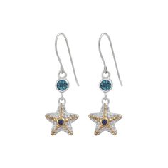 This adorabale starfish earring features BlueTopaz 6mm Round faceted  Stones With  tiny 2 mm iolite stones set in the center of the silver starfish. Our Artisans carefully apply 22 kt gold to the little silver balls covering the  sterling  silver starfish. A perfect reminder of the oceans vast treasures! Nickel-free Star-shaped Ocean-inspired Jewelry, Elegant Starfish-shaped Nickel-free Jewelry, Elegant Nickel-free Starfish Jewelry, Elegant Blue Starfish Charm Jewelry, Elegant Blue Jewelry With Starfish Charm, Silver Ocean-inspired Earrings With Starfish Charm, Ocean-inspired Silver Earrings With Starfish Charm, Sterling Silver Starfish-shaped Earrings With Charm, Sterling Silver Starfish Earrings