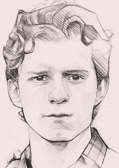 a pencil drawing of a man with curly hair and a shirt on, looking at the camera