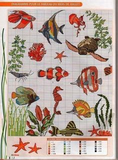 cross stitch pattern with fish and seaweed on the bottom right hand side, in orange