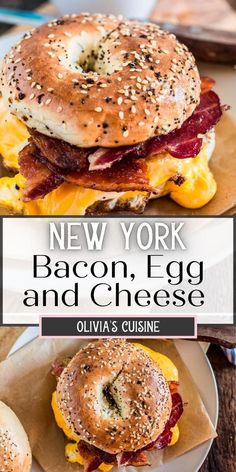 bacon, egg and cheese bagel sandwich on a plate with the title new york bacon egg and cheese