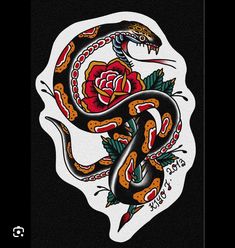 a tattoo sticker with a snake and rose on the front, in black background