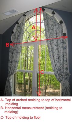 a window with measurements for the top of it and bottom of the curtain in front