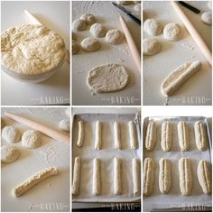 the process of making bread is shown in four different pictures, including dough and rolling pins