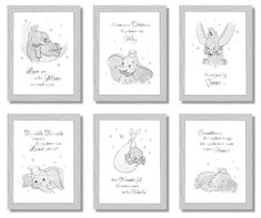 six winnie the pooh nursery wall art prints in grey and white, set of four