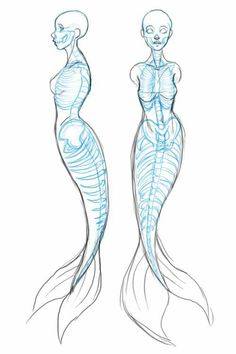 an image of two mermaids that are drawn in blue and white pencil on paper